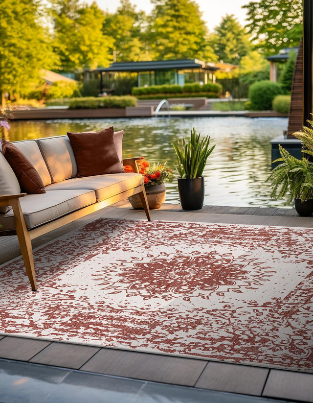 Rust Red 12' x 12' Outdoor Traditional Square Area Rug Weather Resistant for Patio, Deck, Terrace, Balcony, Porch Classical Design Outside Carpet for Sale at Rug Engine