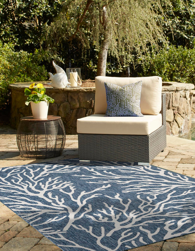 Blue 4' 1 x 6' 1 Outdoor Coastal Rectangle Area Rug Weather Resistant for Patio, Deck, Terrace, Balcony, Porch 100% Polypropylene Coastal Decor Carpet for Sale at Rug Engine