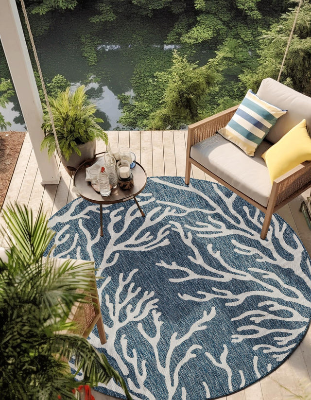 Blue 3' 1 x 3' 1 Outdoor Coastal Round Area Rug Weather Resistant for Patio, Deck, Terrace, Balcony, Porch 100% Polypropylene Coastal Decor Carpet for Sale at Rug Engine