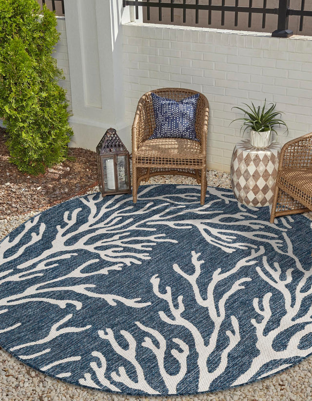Blue 7' 10 x 7' 10 Outdoor Coastal Round Area Rug Weather Resistant for Patio, Deck, Terrace, Balcony, Porch 100% Polypropylene Coastal Decor Carpet for Sale at Rug Engine