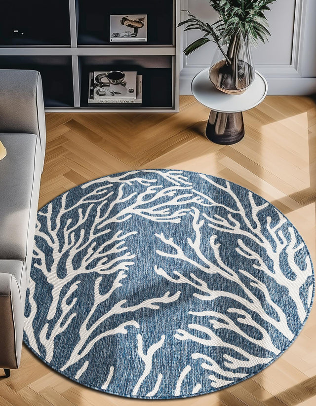 Blue 7' 10 x 7' 10 Outdoor Coastal Round Area Rug Weather Resistant for Patio, Deck, Terrace, Balcony, Porch 100% Polypropylene Coastal Decor Carpet for Sale at Rug Engine