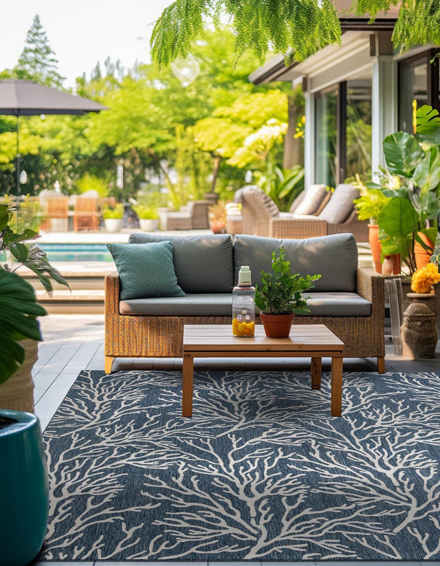 Blue 10' x 10' Outdoor Coastal Square Area Rug Weather Resistant for Patio, Deck, Terrace, Balcony, Porch 100% Polypropylene Coastal Decor Carpet for Sale at Rug Engine