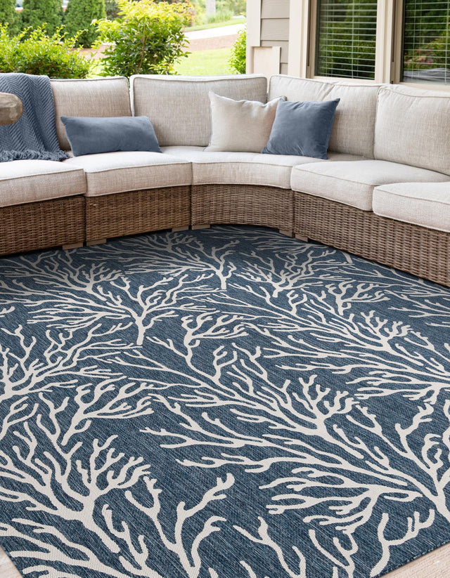 Blue 7' 10 x 7' 10 Outdoor Coastal Square Area Rug Weather Resistant for Patio, Deck, Terrace, Balcony, Porch 100% Polypropylene Coastal Decor Carpet for Sale at Rug Engine