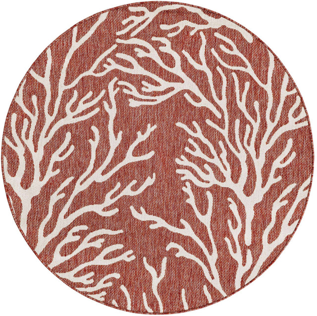 Rust Red 5' 3 x 5' 3 Outdoor Coastal Round Area Rug Weather Resistant for Patio, Deck, Terrace, Balcony, Porch