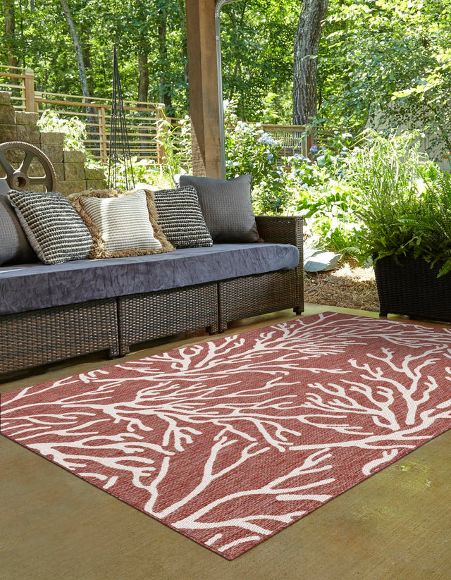 Rust Red 7' 10 x 10' Outdoor Coastal Rectangle Area Rug Weather Resistant for Patio, Deck, Terrace, Balcony, Porch 100% Polypropylene Coastal Decor Carpet for Sale at Rug Engine