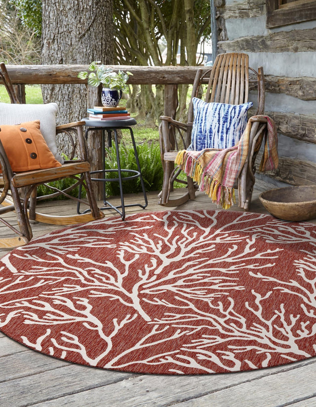 Rust Red 5' 3 x 5' 3 Outdoor Coastal Round Area Rug Weather Resistant for Patio, Deck, Terrace, Balcony, Porch