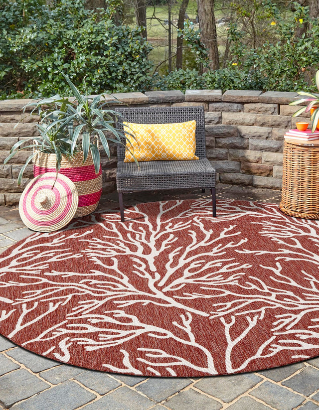 Rust Red 5' 3 x 5' 3 Outdoor Coastal Round Area Rug Weather Resistant for Patio, Deck, Terrace, Balcony, Porch
