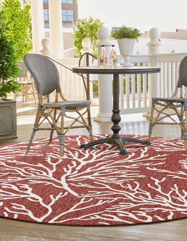 Rust Red 5' 3 x 5' 3 Outdoor Coastal Round Area Rug Weather Resistant for Patio, Deck, Terrace, Balcony, Porch