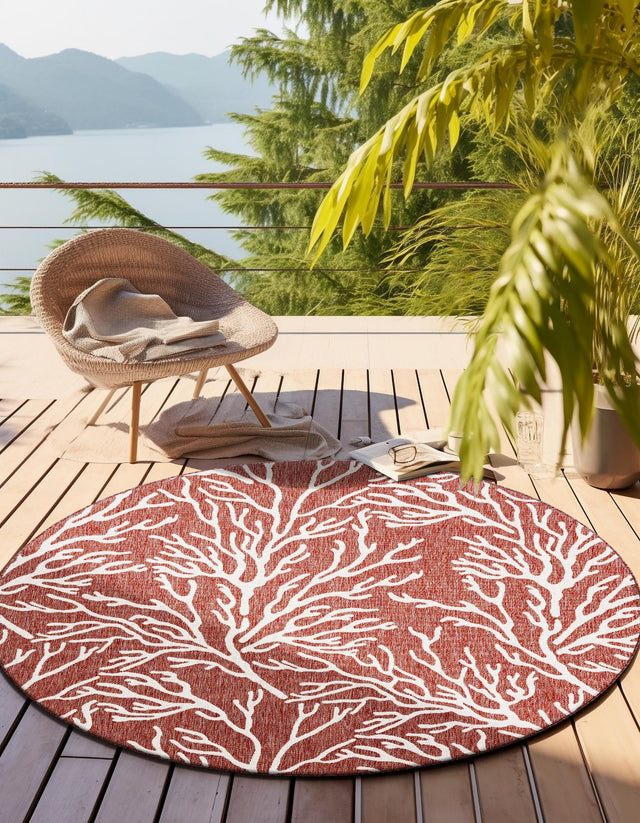 Rust Red 5' 3 x 5' 3 Outdoor Coastal Round Area Rug Weather Resistant for Patio, Deck, Terrace, Balcony, Porch