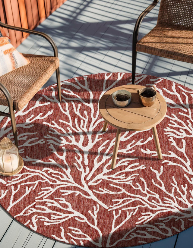 Rust Red 5' 3 x 5' 3 Outdoor Coastal Round Area Rug Weather Resistant for Patio, Deck, Terrace, Balcony, Porch