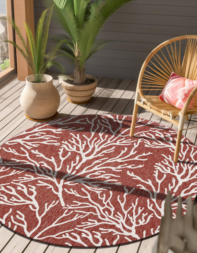 Rust Red 10' x 10' Outdoor Coastal Round Area Rug Weather Resistant for Patio, Deck, Terrace, Balcony, Porch 100% Polypropylene Coastal Decor Carpet for Sale at Rug Engine