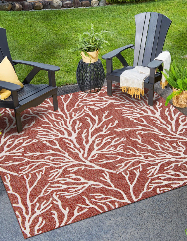 Rust Red 10' x 10' Outdoor Coastal Square Area Rug Weather Resistant for Patio, Deck, Terrace, Balcony, Porch 100% Polypropylene Coastal Decor Carpet for Sale at Rug Engine