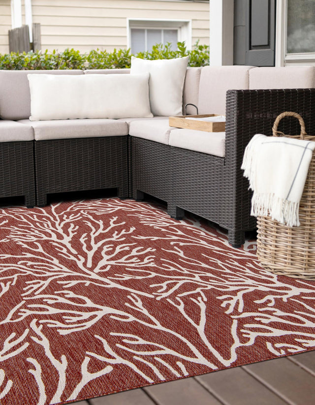 Rust Red 10' x 10' Outdoor Coastal Square Area Rug Weather Resistant for Patio, Deck, Terrace, Balcony, Porch 100% Polypropylene Coastal Decor Carpet for Sale at Rug Engine