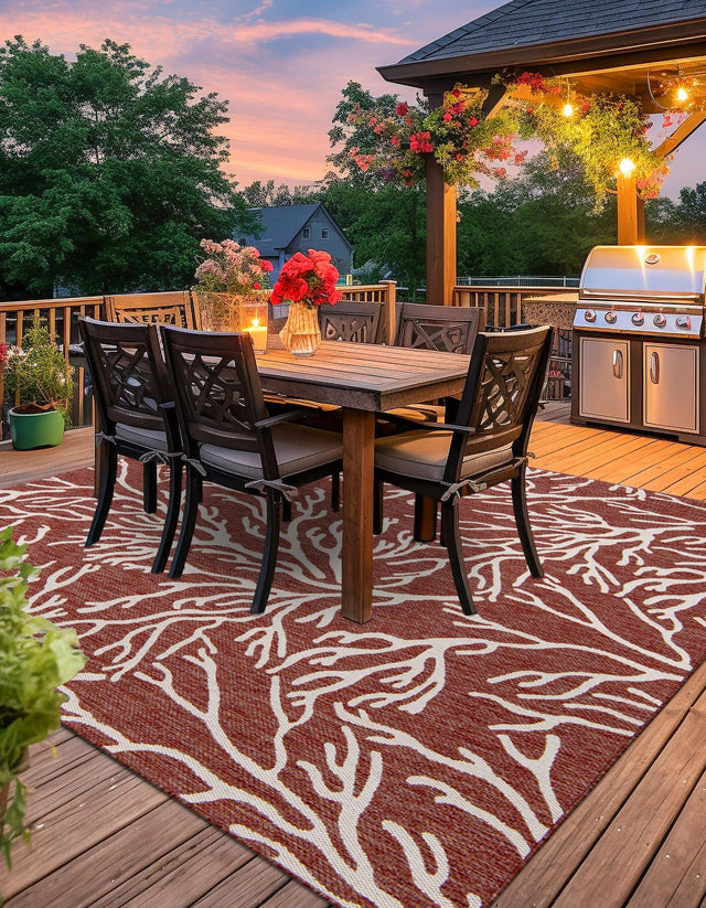 Rust Red 10' x 10' Outdoor Coastal Square Area Rug Weather Resistant for Patio, Deck, Terrace, Balcony, Porch 100% Polypropylene Coastal Decor Carpet for Sale at Rug Engine