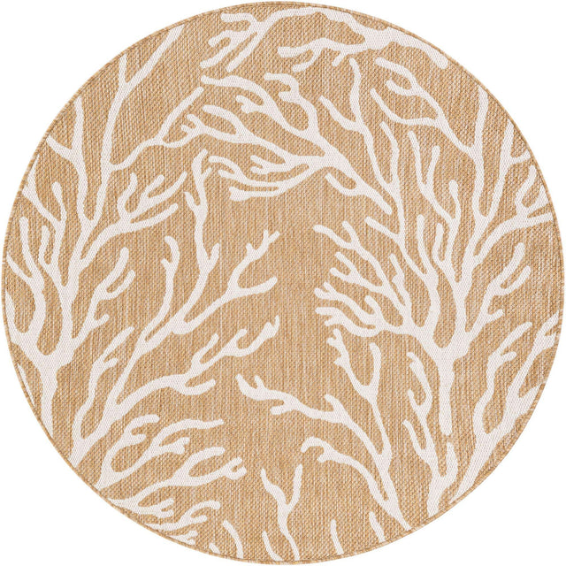 Taupe 5' 3 x 5' 3 Outdoor Coastal Round Area Rug Weather Resistant for Patio, Deck, Terrace, Balcony, Porch 100% Polypropylene Coastal Decor Carpet for Sale at Rug Engine