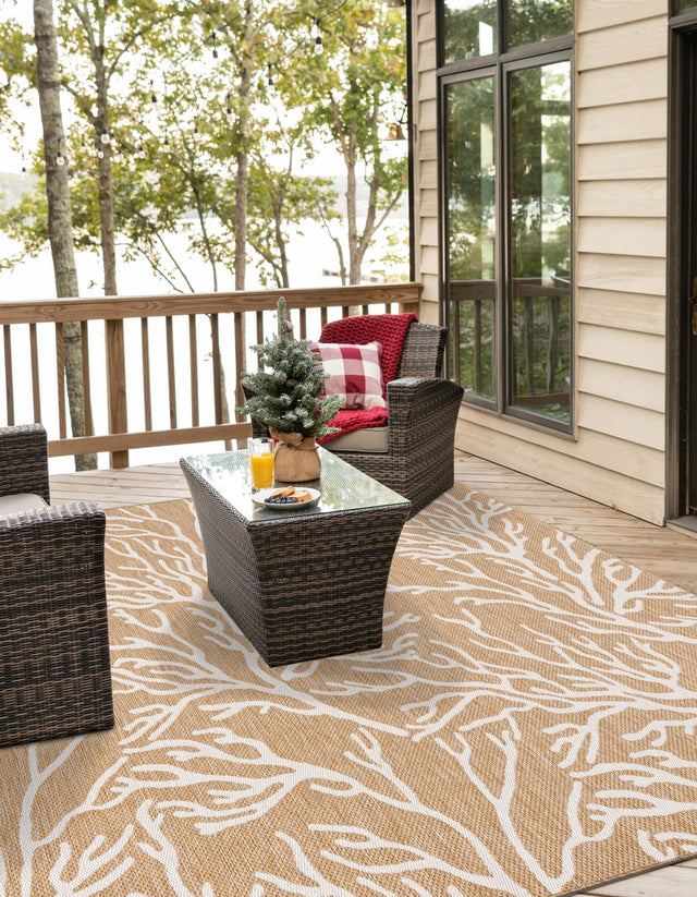 Taupe 7' 10 x 7' 10 Outdoor Coastal Square Area Rug Weather Resistant for Patio, Deck, Terrace, Balcony, Porch 100% Polypropylene Coastal Decor Carpet for Sale at Rug Engine