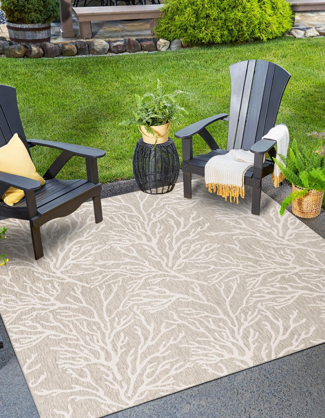 Gray 7' 10 x 7' 10 Outdoor Coastal Square Area Rug Weather Resistant for Patio, Deck, Terrace, Balcony, Porch 100% Polypropylene Coastal Decor Carpet for Sale at Rug Engine