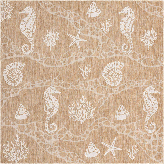 Taupe 10' x 10' Outdoor Coastal Square Area Rug Weather Resistant for Patio, Deck, Terrace, Balcony, Porch 100% Polypropylene Coastal Decor Carpet for Sale at Rug Engine