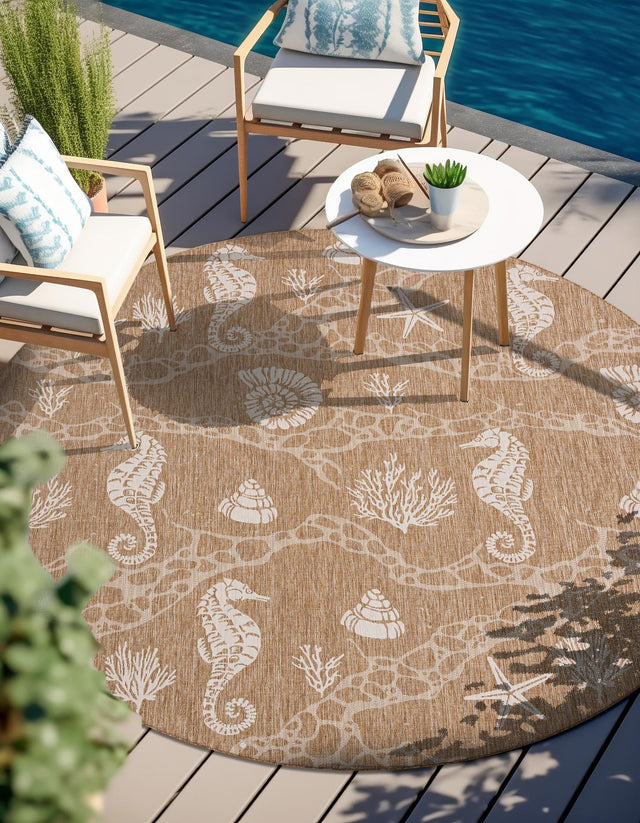 Taupe 5' 3 x 5' 3 Outdoor Coastal Round Area Rug Weather Resistant for Patio, Deck, Terrace, Balcony, Porch 100% Polypropylene Coastal Decor Carpet for Sale at Rug Engine