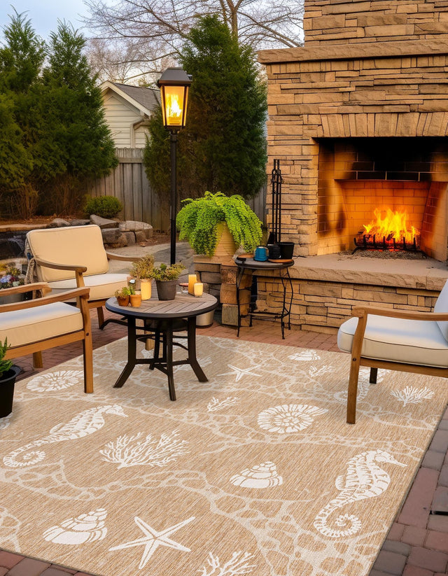 Taupe 7' 10 x 7' 10 Outdoor Coastal Square Area Rug Weather Resistant for Patio, Deck, Terrace, Balcony, Porch 100% Polypropylene Coastal Decor Carpet for Sale at Rug Engine