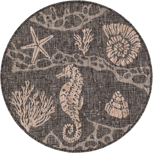 Black 3' 1 x 3' 1 Outdoor Coastal Round Area Rug Weather Resistant for Patio, Deck, Terrace, Balcony, Porch 100% Polypropylene Coastal Decor Carpet for Sale at Rug Engine
