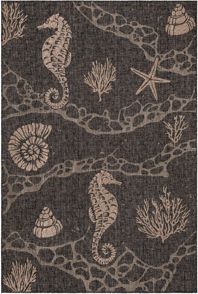 Black 6' 1 x 9' Outdoor Coastal Rectangle Area Rug Weather Resistant for Patio, Deck, Terrace, Balcony, Porch 100% Polypropylene Coastal Decor Carpet for Sale at Rug Engine