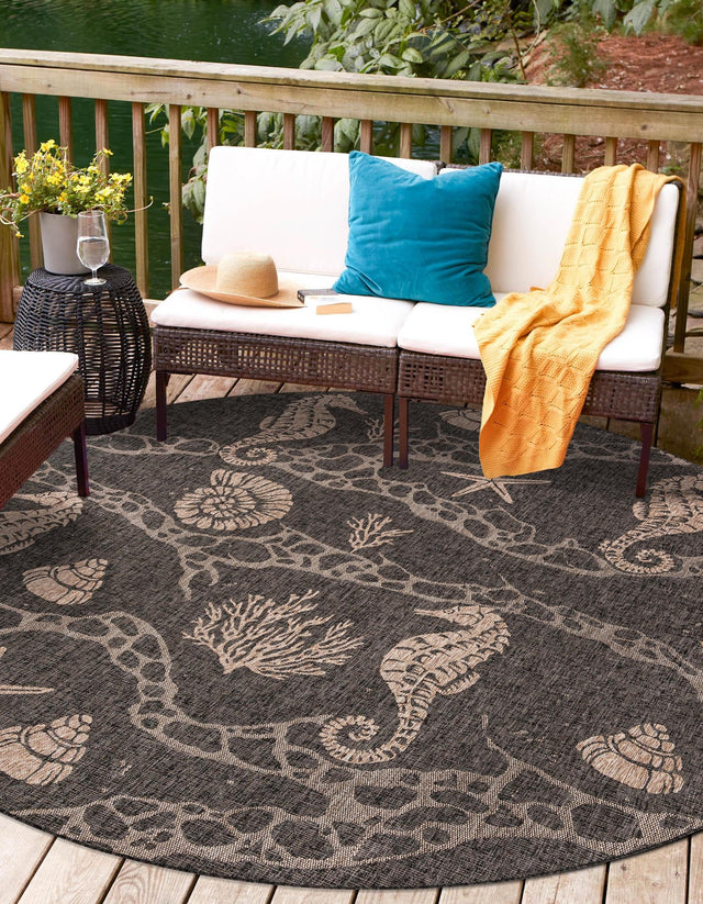 Black 3' 1 x 3' 1 Outdoor Coastal Round Area Rug Weather Resistant for Patio, Deck, Terrace, Balcony, Porch 100% Polypropylene Coastal Decor Carpet for Sale at Rug Engine