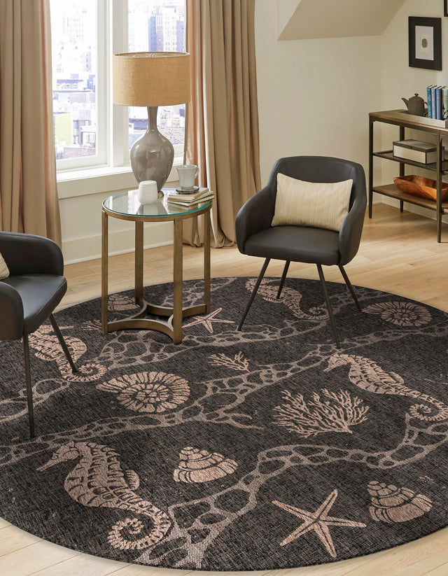 Black 7' 10 x 7' 10 Outdoor Coastal Round Area Rug Weather Resistant for Patio, Deck, Terrace, Balcony, Porch 100% Polypropylene Coastal Decor Carpet for Sale at Rug Engine