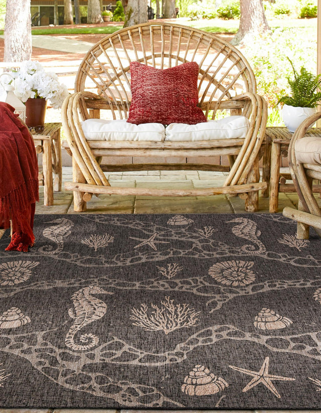 Black 10' x 10' Outdoor Coastal Square Area Rug Weather Resistant for Patio, Deck, Terrace, Balcony, Porch 100% Polypropylene Coastal Decor Carpet for Sale at Rug Engine