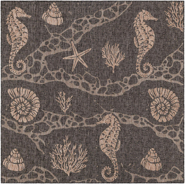 Black 7' 10 x 7' 10 Outdoor Coastal Square Area Rug Weather Resistant for Patio, Deck, Terrace, Balcony, Porch 100% Polypropylene Coastal Decor Carpet for Sale at Rug Engine