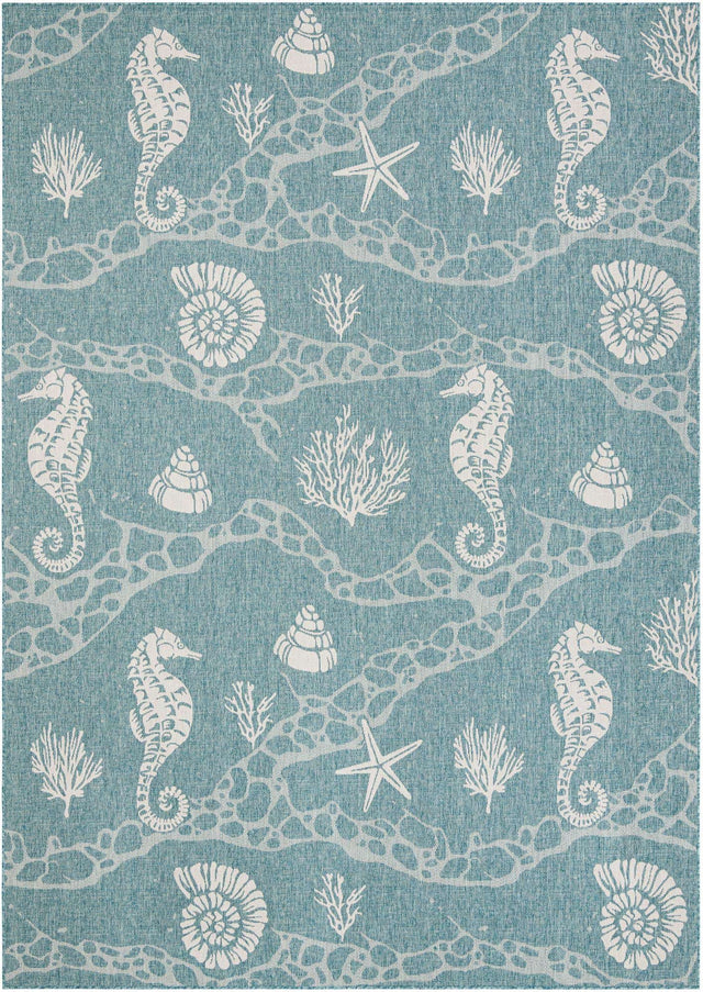 Aqua 10' x 14' 1 Outdoor Coastal Rectangle Area Rug Weather Resistant for Patio, Deck, Terrace, Balcony, Porch 100% Polypropylene Coastal Decor Carpet for Sale at Rug Engine