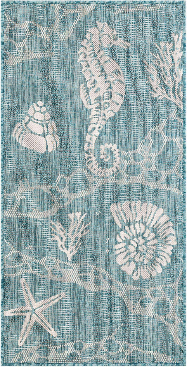 Aqua 2' x 4' 1 Outdoor Coastal Runner Area Rug Weather Resistant for Patio, Deck, Terrace, Balcony, Porch 100% Polypropylene Coastal Decor Carpet for Sale at Rug Engine