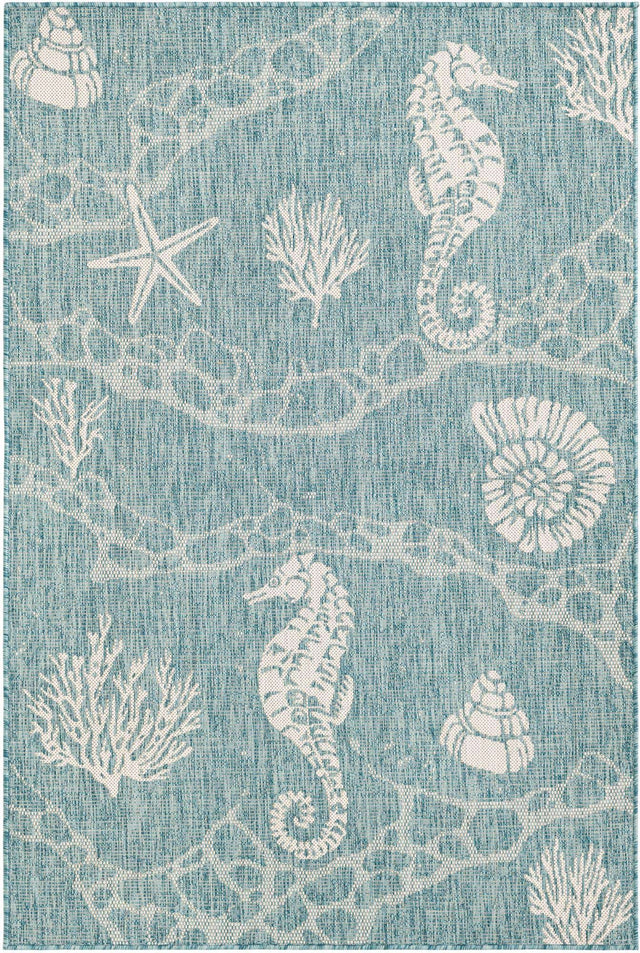 Aqua 4' 1 x 6' 1 Outdoor Coastal Rectangle Area Rug Weather Resistant for Patio, Deck, Terrace, Balcony, Porch 100% Polypropylene Coastal Decor Carpet for Sale at Rug Engine