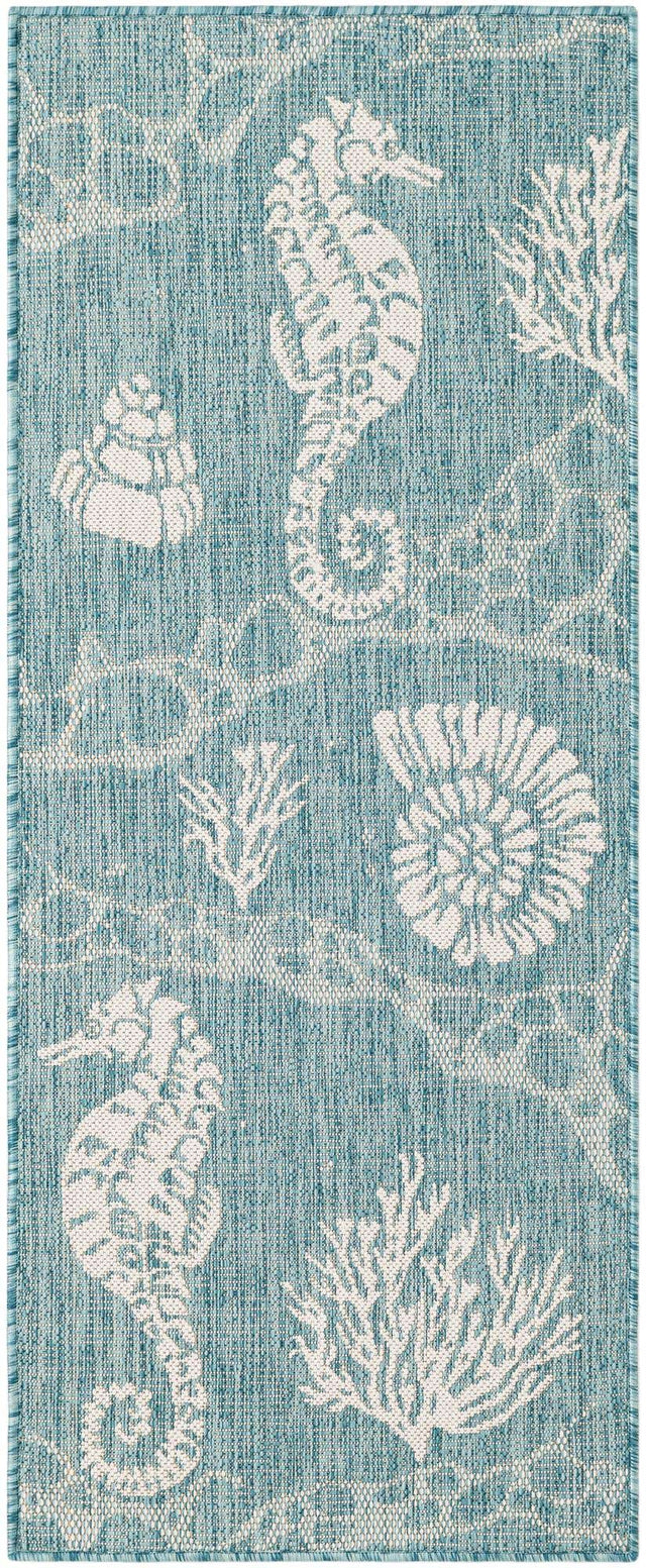 Aqua 2' x 5' 3 Outdoor Coastal Runner Area Rug Weather Resistant for Patio, Deck, Terrace, Balcony, Porch 100% Polypropylene Coastal Decor Carpet for Sale at Rug Engine