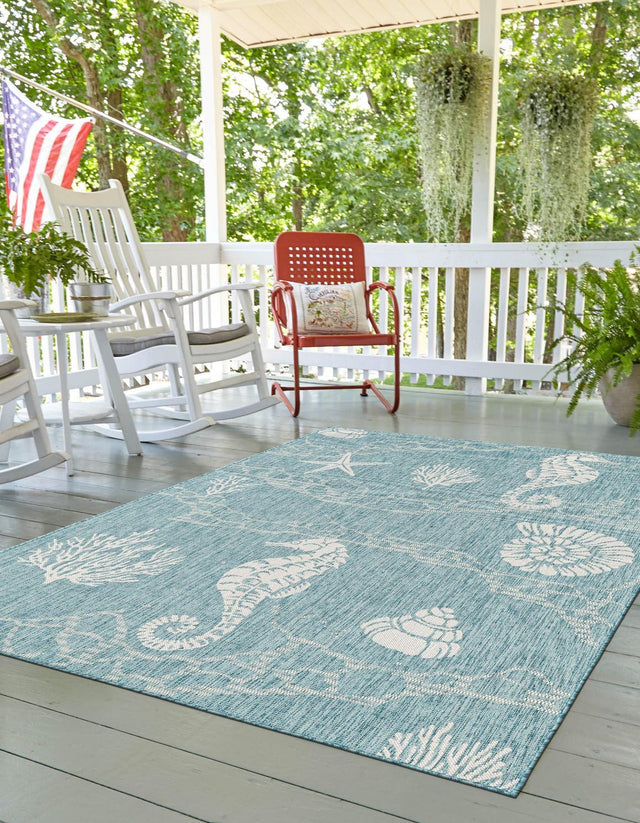 Aqua 5' 3 x 7' 1 Outdoor Coastal Rectangle Area Rug Weather Resistant for Patio, Deck, Terrace, Balcony, Porch 100% Polypropylene Coastal Decor Carpet for Sale at Rug Engine