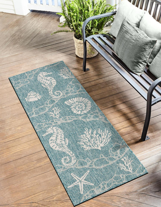 Aqua 2' x 6' 1 Outdoor Coastal Runner Area Rug Weather Resistant for Patio, Deck, Terrace, Balcony, Porch 100% Polypropylene Coastal Decor Carpet for Sale at Rug Engine