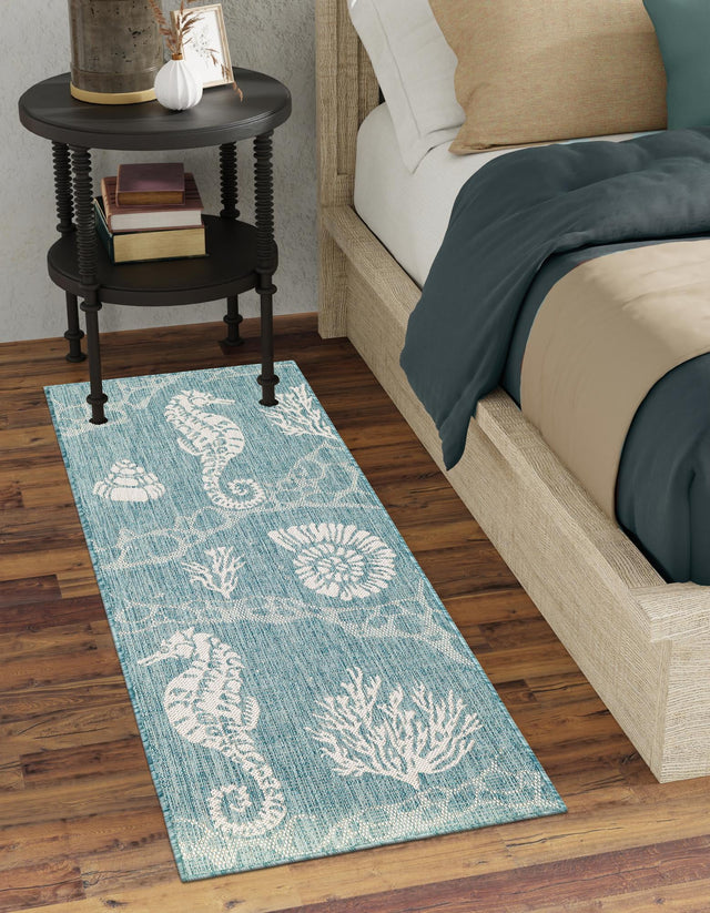 Aqua 2' x 6' 1 Outdoor Coastal Runner Area Rug Weather Resistant for Patio, Deck, Terrace, Balcony, Porch 100% Polypropylene Coastal Decor Carpet for Sale at Rug Engine