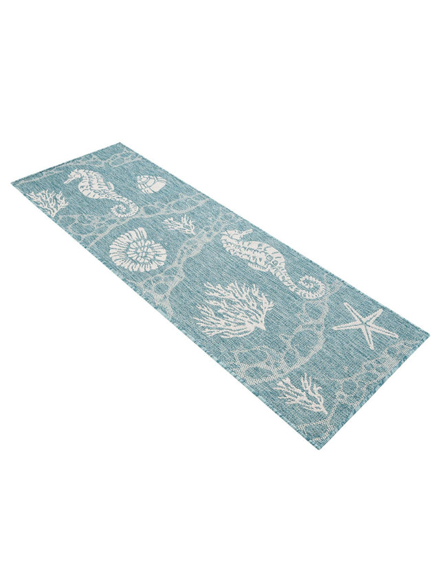 Aqua 2' x 6' 1 Outdoor Coastal Runner Area Rug Weather Resistant for Patio, Deck, Terrace, Balcony, Porch 100% Polypropylene Coastal Decor Carpet for Sale at Rug Engine