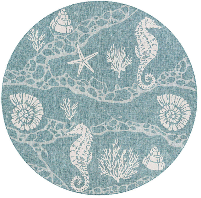 Aqua 7' 10 x 7' 10 Outdoor Coastal Round Area Rug Weather Resistant for Patio, Deck, Terrace, Balcony, Porch 100% Polypropylene Coastal Decor Carpet for Sale at Rug Engine