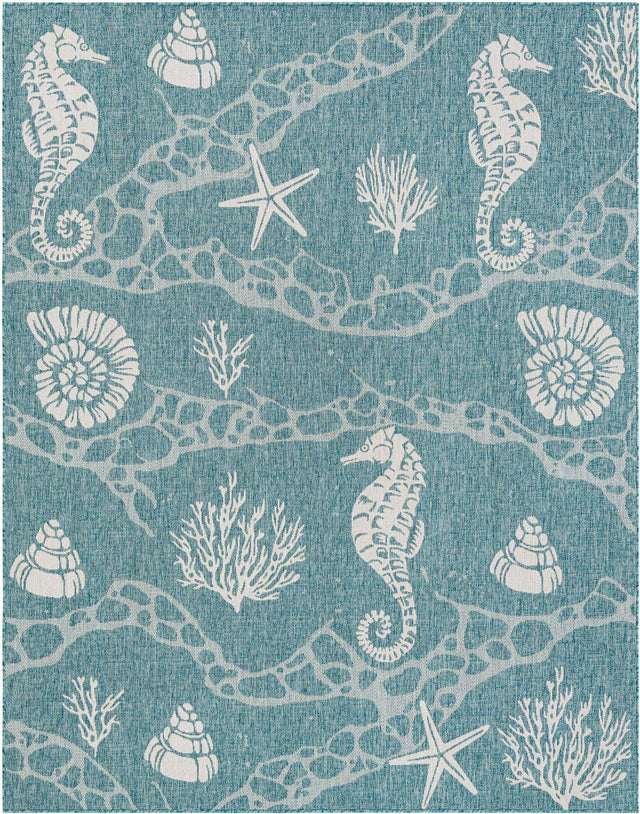Aqua 7' 10 x 10' Outdoor Coastal Rectangle Area Rug Weather Resistant for Patio, Deck, Terrace, Balcony, Porch 100% Polypropylene Coastal Decor Carpet for Sale at Rug Engine