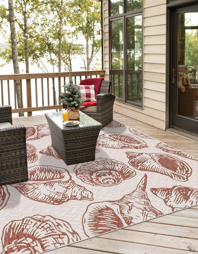 Ivory Rust Red 7' 10 x 7' 10 Outdoor Coastal Square Area Rug Weather Resistant for Patio, Deck, Terrace, Balcony, Porch 100% Polypropylene Coastal Decor Carpet for Sale at Rug Engine