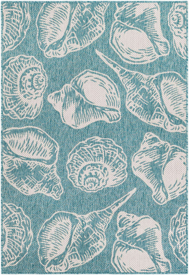Aqua 4' 1 x 6' 1 Outdoor Coastal Rectangle Area Rug Weather Resistant for Patio, Deck, Terrace, Balcony, Porch 100% Polypropylene Coastal Decor Carpet for Sale at Rug Engine