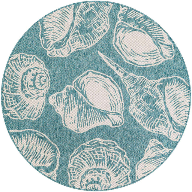Aqua 5' 3 x 5' 3 Outdoor Coastal Round Area Rug Weather Resistant for Patio, Deck, Terrace, Balcony, Porch 100% Polypropylene Coastal Decor Carpet for Sale at Rug Engine