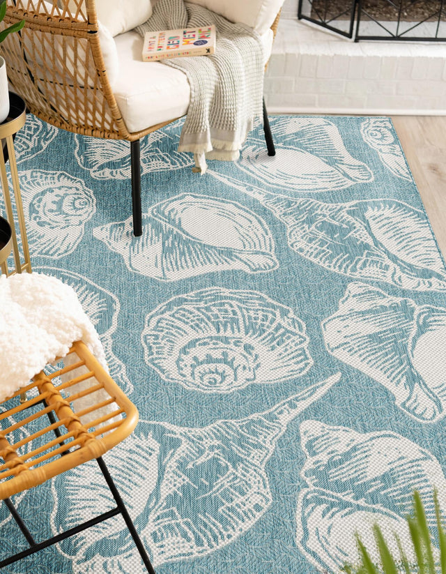 Aqua 5' 3 x 7' 1 Outdoor Coastal Rectangle Area Rug Weather Resistant for Patio, Deck, Terrace, Balcony, Porch 100% Polypropylene Coastal Decor Carpet for Sale at Rug Engine