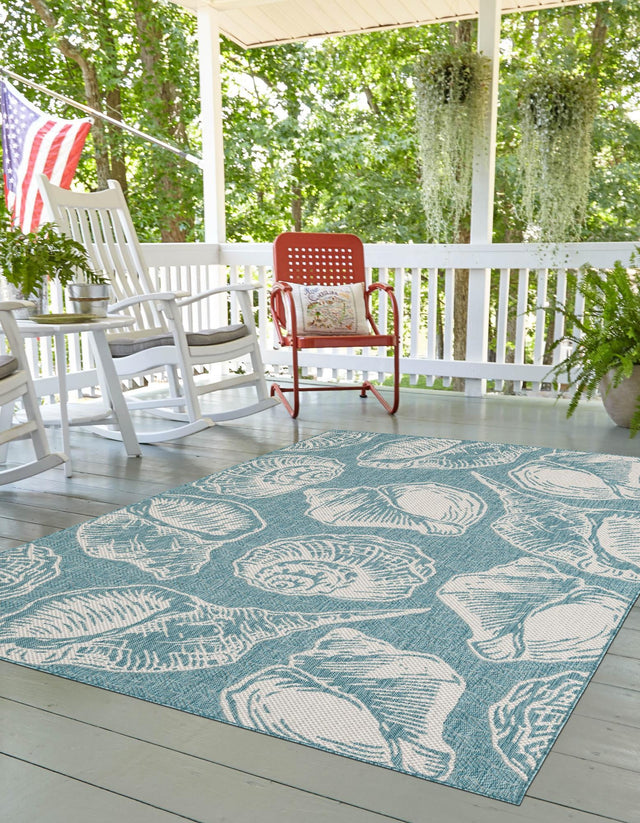 Aqua 6' 1 x 9' Outdoor Coastal Rectangle Area Rug Weather Resistant for Patio, Deck, Terrace, Balcony, Porch 100% Polypropylene Coastal Decor Carpet for Sale at Rug Engine