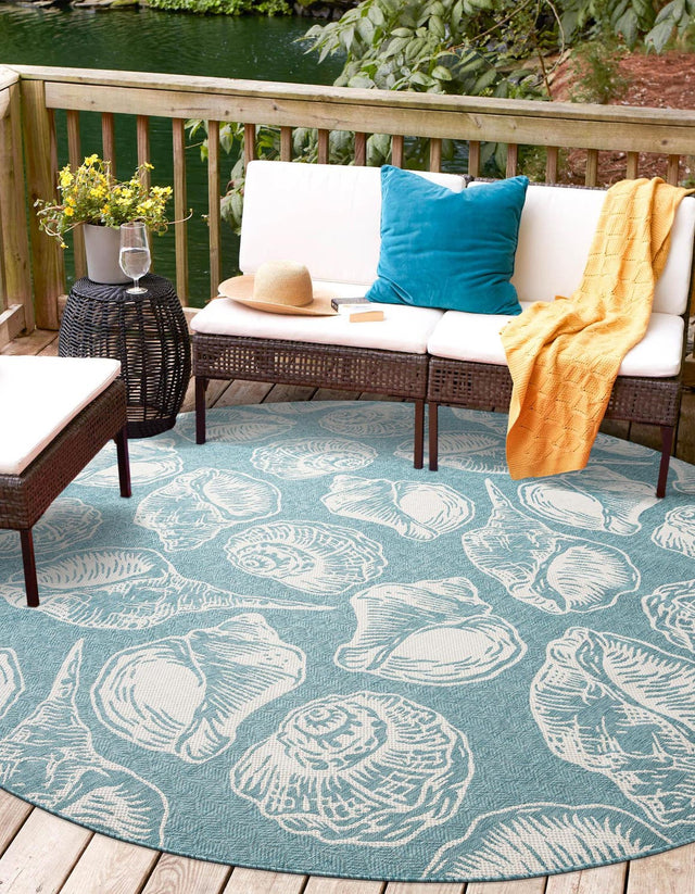 Aqua 5' 3 x 5' 3 Outdoor Coastal Round Area Rug Weather Resistant for Patio, Deck, Terrace, Balcony, Porch 100% Polypropylene Coastal Decor Carpet for Sale at Rug Engine
