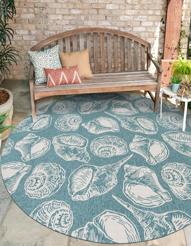 Aqua 12' x 12' Outdoor Coastal Round Area Rug Weather Resistant for Patio, Deck, Terrace, Balcony, Porch 100% Polypropylene Coastal Decor Carpet for Sale at Rug Engine
