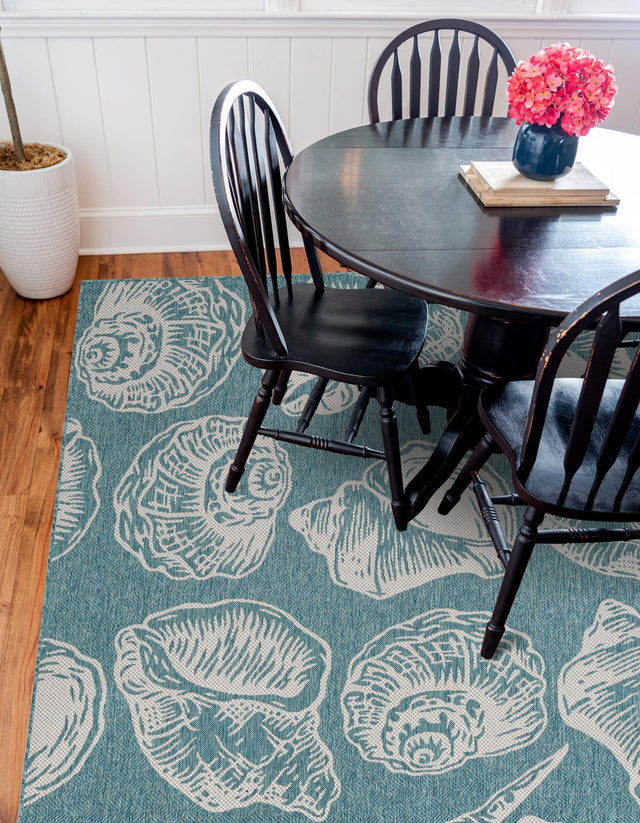 Aqua 7' 10 x 7' 10 Outdoor Coastal Square Area Rug Weather Resistant for Patio, Deck, Terrace, Balcony, Porch 100% Polypropylene Coastal Decor Carpet for Sale at Rug Engine