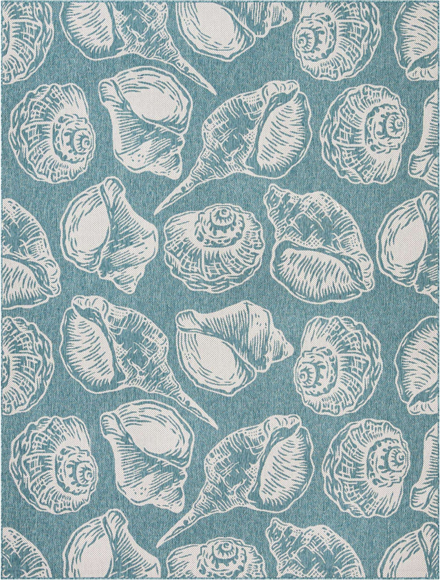 Aqua 9' x 12' Outdoor Coastal Rectangle Area Rug Weather Resistant for Patio, Deck, Terrace, Balcony, Porch 100% Polypropylene Coastal Decor Carpet for Sale at Rug Engine