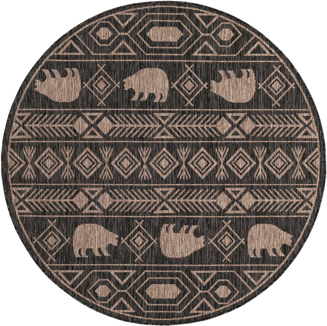 Black 5' 3 x 5' 3 Outdoor Southwestern Round Area Rug Weather Resistant for Patio, Deck, Terrace, Balcony, Porch 100% Polypropylene Rustic Waterproof Carpet for Sale at Rug Engine